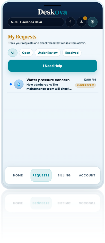 Deskova resident requests screen showing concern status and admin reply